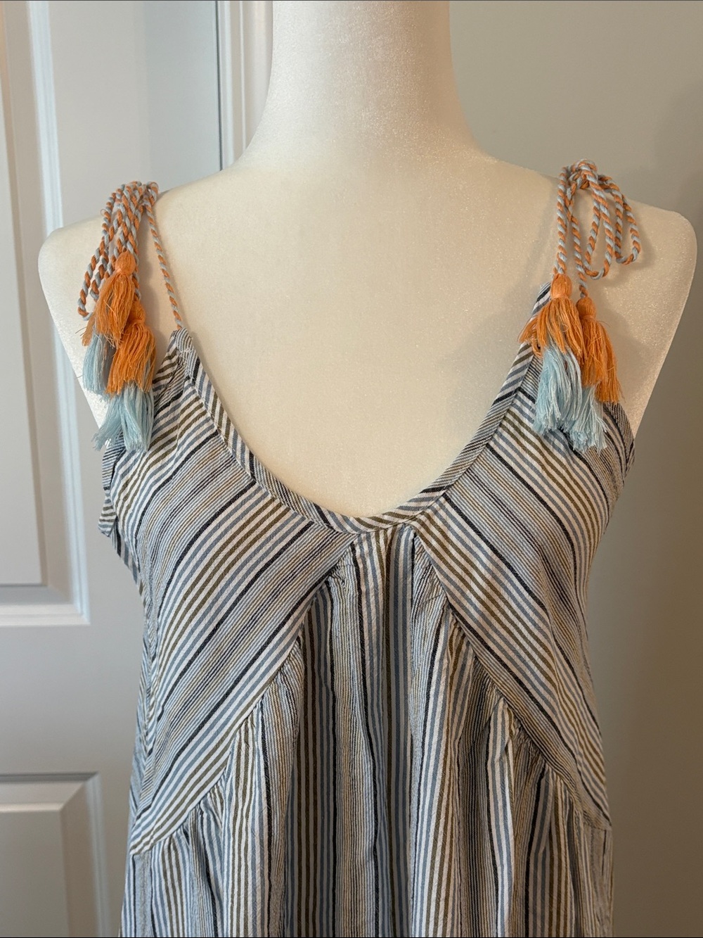 Altr’d State Striped Maxi SunDress w Tassel Shoulder Ties - Blue, White & Brown - Picture 2 of 8